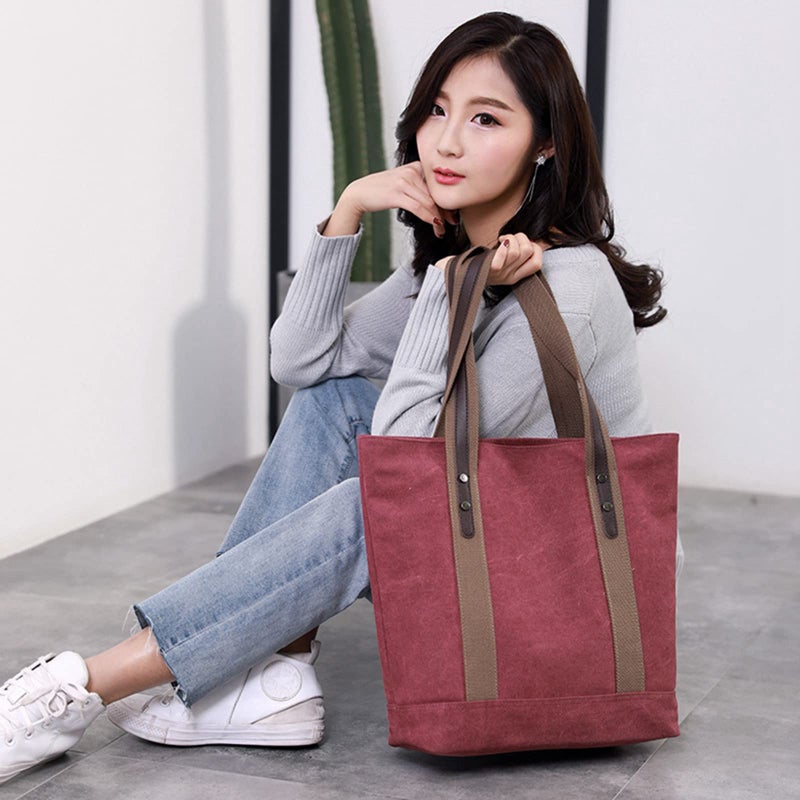 Sunshinejing Women Canvas Tote Bag Work Shoulder Totes Purse Everyday Top Handle Handbag (Red) - Image 3